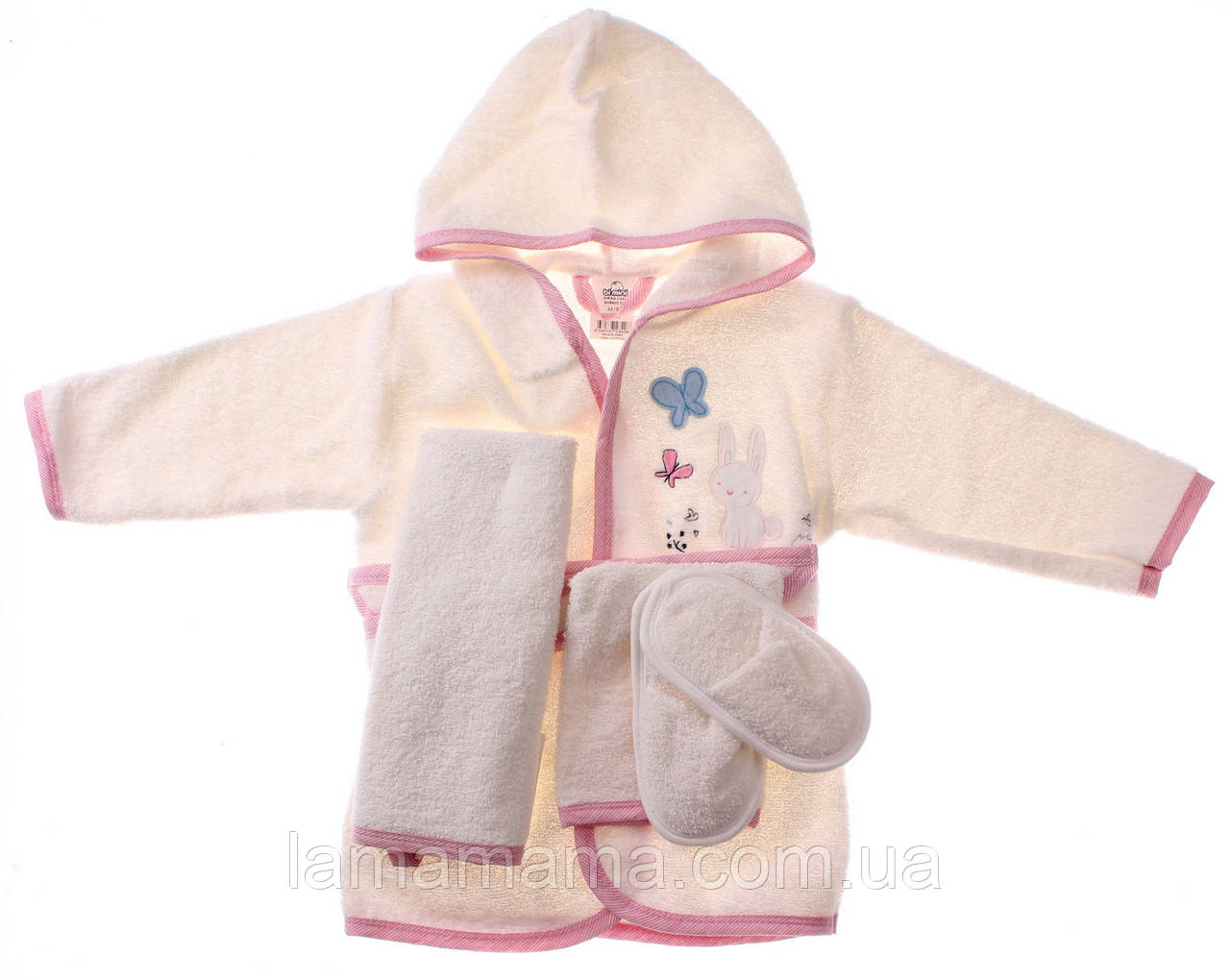 Комплект — дитячий махровий халат з аксесуарами 62-86 см Зайчик і метелики Молочний/рожевий Bimini