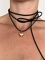 Замшевий шнур-чокер на шию (чорний, білий) з кулоном: золотим/срібним великим серцем, луниця, сонце.