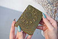 Обложка для прав, ID паспорта, карточек женская кожаная оливковая с тиснением Етно