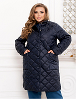 Жіноча демісезонна куртка середньої довжини темно-синього кольору, великих розмірів від 46 до 68