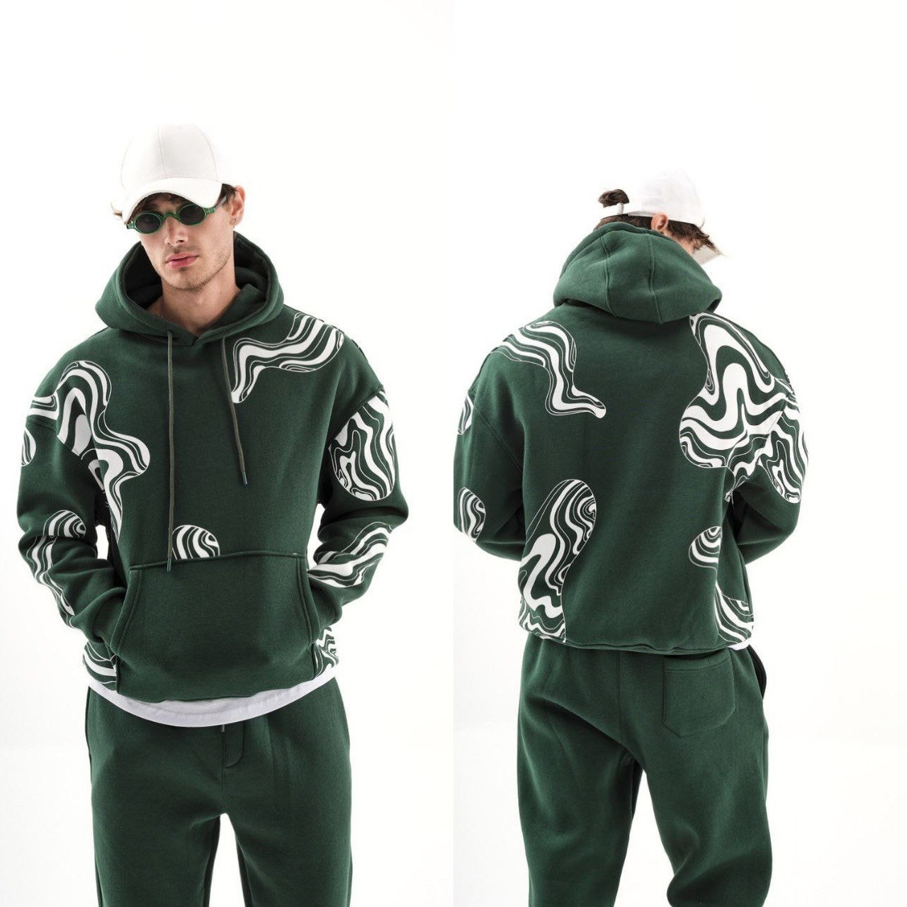 Чоловіча тепла темно-зелена толстовка з капюшоном і кишенею кенгуру, фото 1