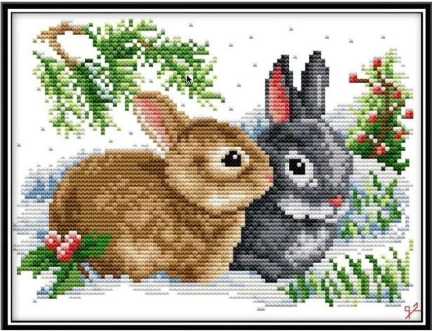 Набір для вишивання за нанесеною на канву схемою "Lucky rabbits" . AIDA 14CT printed, 26*19 см