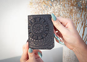 Обкладинка для посвідчення водія, ID паспорта чоловіча шкіряна чорна з тисненням Етно 4 відділа
