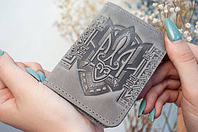 Обкладинка для посвідчення водія, ID паспорта чоловіча шкіряна сіра з тисненням Тризуб Герб  4 відділа