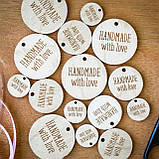 Персоналізовані дерев'яні круглі теги бирки для декору одягу, продуктів ручної роботи, фото 5
