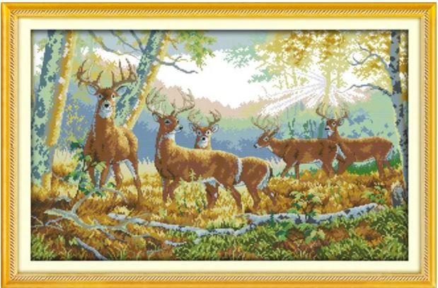 Набір для вишивання за нанесеною на канву схемою "Five deer in forest".AIDA 14CT printed , 60*41 см, фото 1