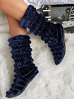 Стильні махрові шикарні хатні жіночі чобітки. Арт-4830 синій
