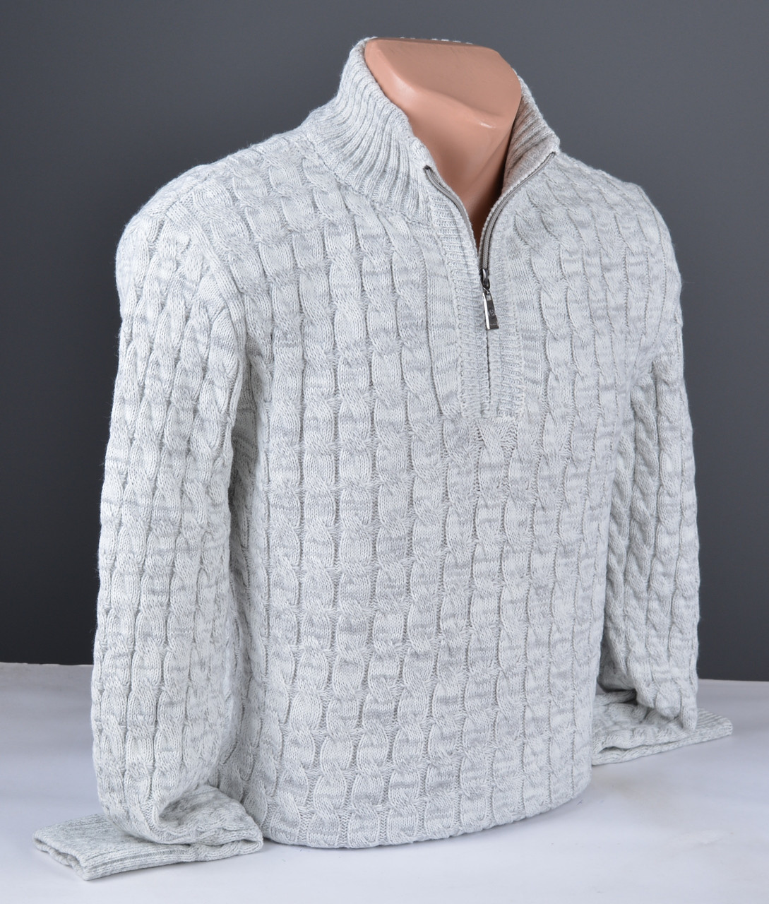 Чоловічий теплий светр із коміром на блискавці світло-сірий Туреччина 7179