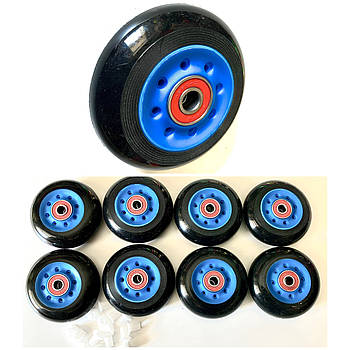 Колеса чорні для роликових ковзанів 8 шт 76 х 24 мм з підшипниками АВЕС-7 і втулками чорно/сині