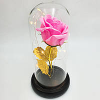 Роза в колбе с LED подсветкой 16 см романтический подарок ночник золотые листья розовая! Качественный