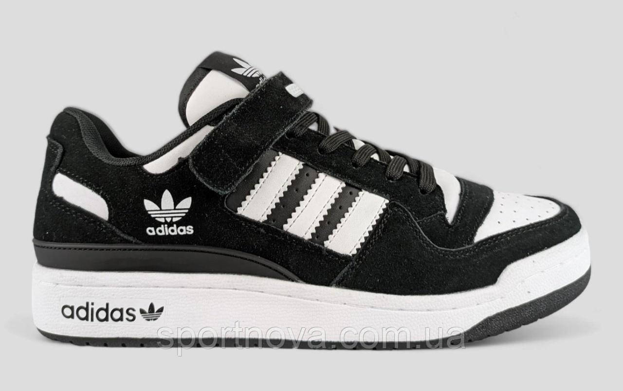 Чоловічі кросівки демісезон Adidas Forum нубук/шкіра чорні з білим р 41-46