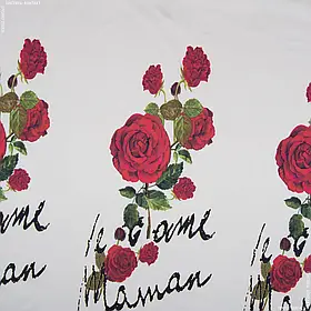 Котон стрейч принтгілка троянди з написом на білому купон 35см (130см 160г/м² пог.м) 122831