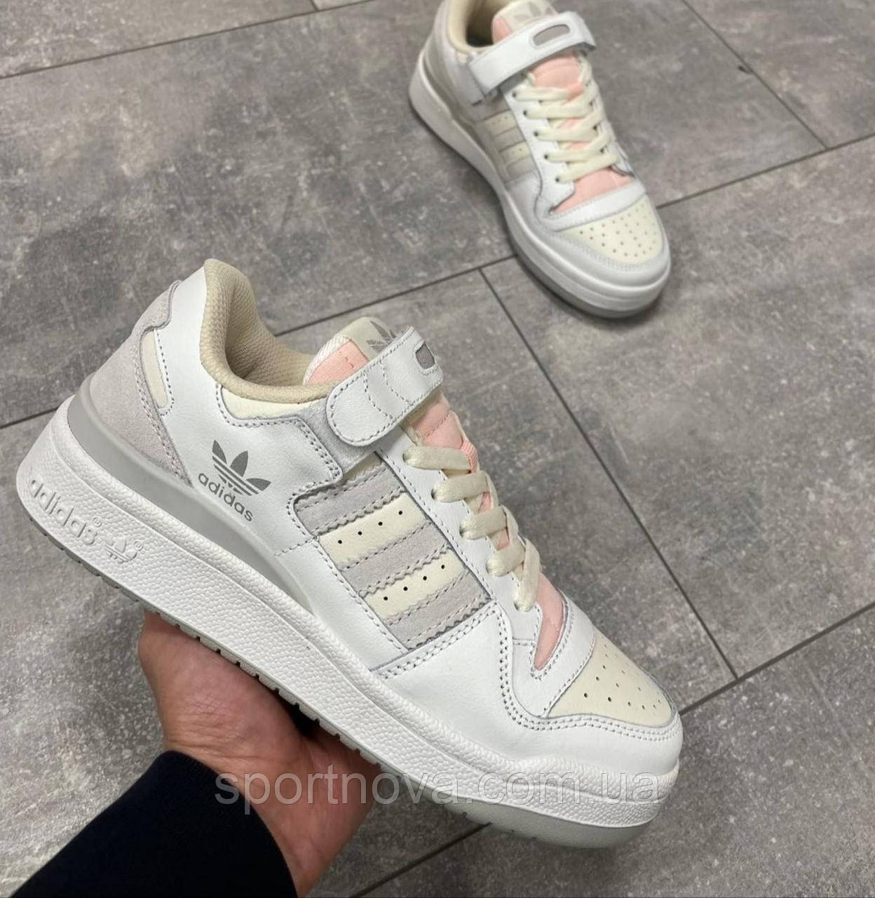 Жіночі підліткові кросівки демісезон Adidas Forum шкіра/замша білі із сірим і рожевим р 36-41