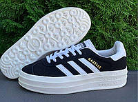 Женские кроссовки на толстой подошве Adidas Gazzelle замшевые черные с белым р 37-40