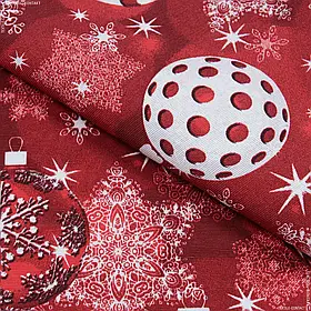 Декоративна новорічна тканина лонета ялинкові іграшки/ natal фон червоний (280см 161г/м² пог.м) 173304