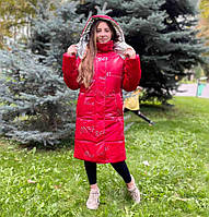 Довге зимове пальто пуховик на дівчинку зимова куртка червона 10-13 років