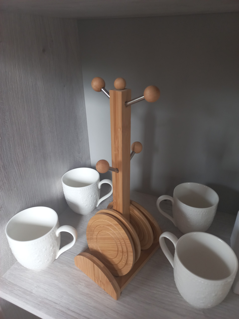 Набор чашек фарфоровых 4шт 300мл "Interos" на бамбуковой стойке, набор кружек (4 шт) на деревянной подставке - фото 4 - id-p1990333482