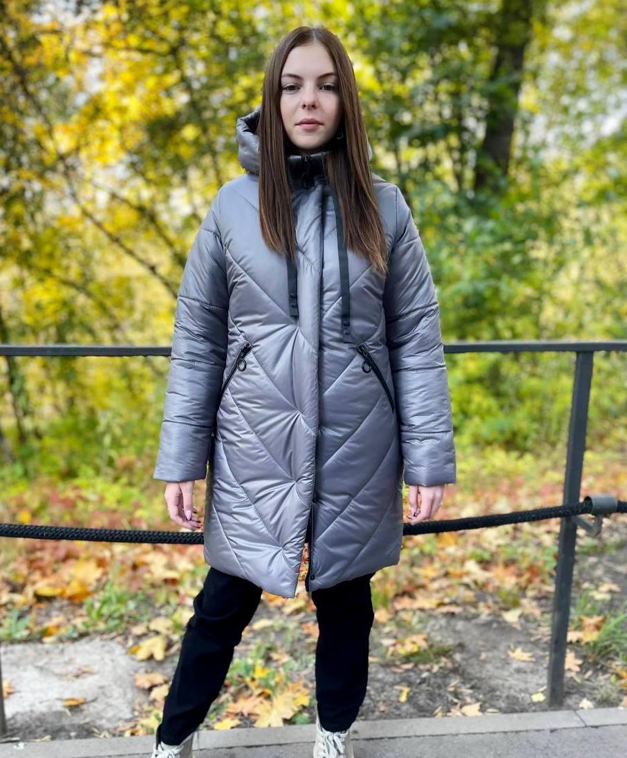 Зимова куртка пуховик на дівчинку подовжена тепла курточка сіра 140-158р