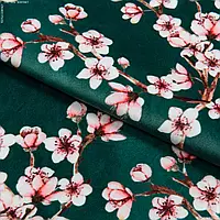 Декоративний велюр принт сакура / blossom колір смарагд (280см 291г/м² пог.м) 164079