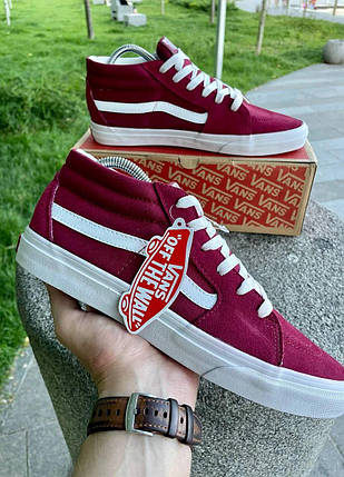 Кеды VANS Old Skool вансы ВЫСОКИЕ BORDO / White кроссовки женские мужские унисекс демисезон, фото 1