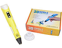 3D ручка c LCD дисплеем и экопластиком для 3D рисования и моделирования Pen 2 Желтая, мега распродажа