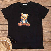 Женская молодежная стильная повседневная футболка с накатом мишки (черный, белый); размер: 42-46 one size