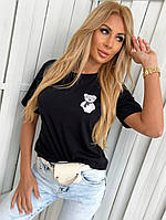 Женская базовая однотонная стильная повседневная футболка с мишкой (черный, белый); размер: 42-46 one size