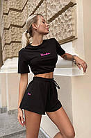Молодежный спортивный повседневный женский костюм двойка Barbie черного цвета (шорты + топ) двунитка