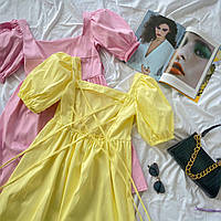 Женское воздушное коттоновое платье мини, свободного кроя, с завязками на спине Лимонный