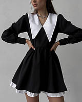 Стильное молодежное черное платье в стиле Wensday с белыми вставками; размер: 42-44, 46-48