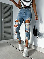 Женские молодежные синие джинсовые штаны с разрезами на высокой посадке; размер: 25, 26, 27, 28, 29, 30, 32