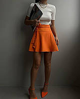 Женская однотонная короткая юбка на резинке с завязкой бантом (черный, белый, малина, оранжевый)