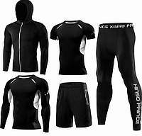 Компресійний одяг/комплекс для фітнесу та єдиноборств ММА/комплект для тренувань 5в1 black&White