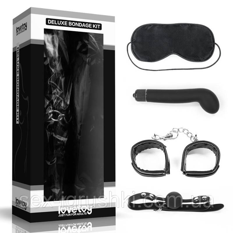 Набір для сексуальних бдсм ігор Deluxe Bondage Kit (маска, g-вібратор, наручники, кляп), Черный