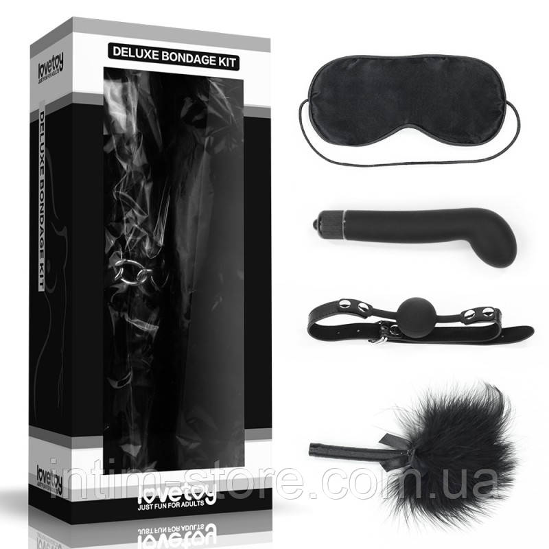 Набір для сексуальних бдсм ігор Deluxe Bondage Kit (маска, g-вібратор, кляп, тиклер), Черный