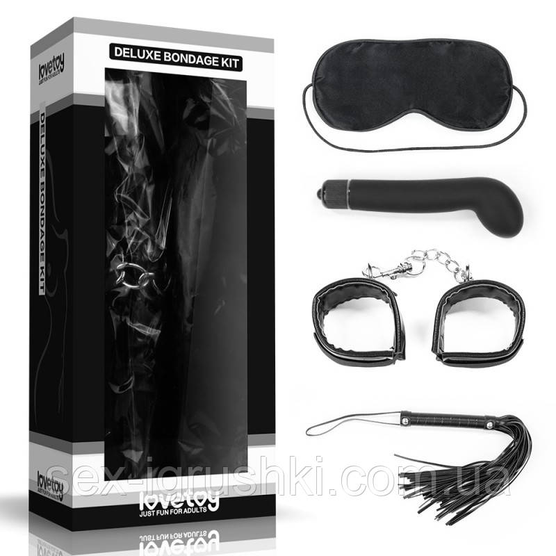 Набір для сексуальних бдсм ігор Deluxe Bondage Kit (маска, вібратор, наручники, батіг), Черный