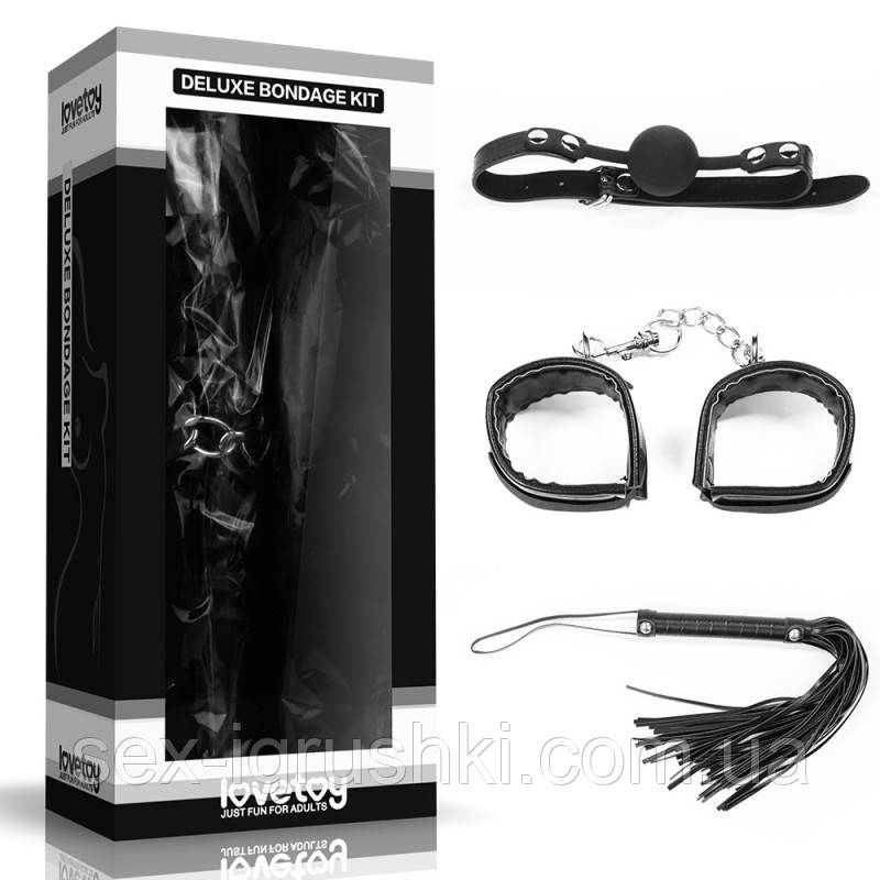 Набір для сексуальних бдсм ігор Deluxe Bondage Kit (кляп, наручники, батіг), Черный