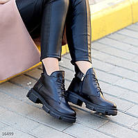 Крутые черные кожаные женские ботинки на флисе натуральная кожа низкий ход