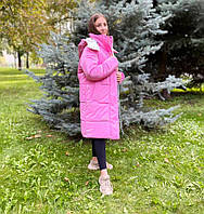 Довге зимове пальто пуховик на дівчинку зимова куртка рожева 10-13 років