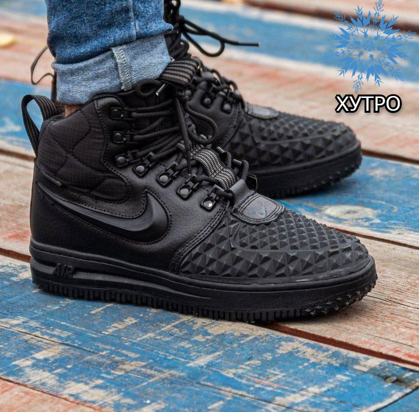 Чоловічі зимові кросівки Nike Lunar Force 2 Duckboot "Triple black" теплі з хутром. Фото в живу