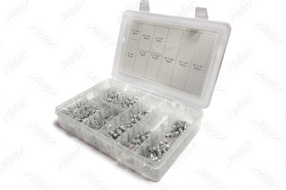 

Набор пресс-масленок, 450 шт. М6, М8, М10. Прямые и угловые 45-90гр. (RIDER) RD11450ZK