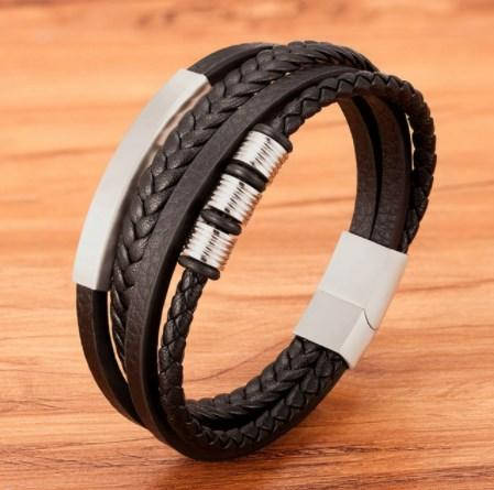 

Браслет мужской кожаный черный на руку XQNI