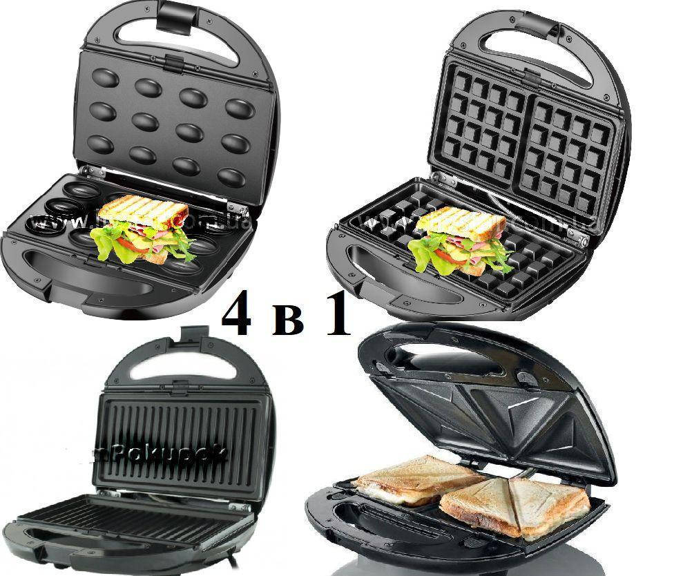 

Гриль, бутербродница, вафельница, орешница 4в1 Domotec MS-7704