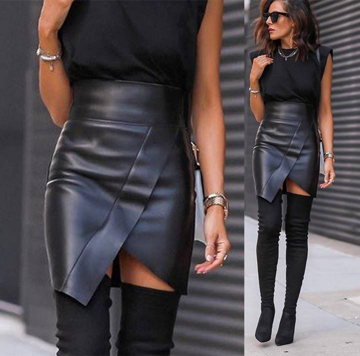 

Короткая стильная юбка из экокожи, Черный