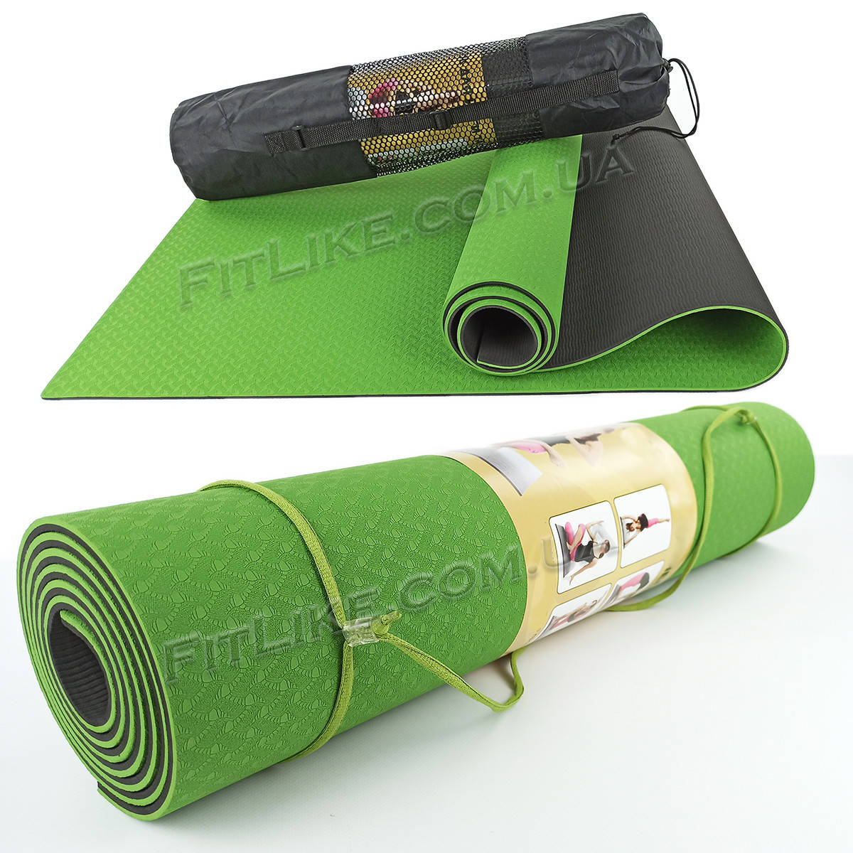 

Спортивный коврик для йоги и фитнеса Premium TPE 6 мм + Чехол йога мат, каремат для спорта 2-х слойный Зеленый-черный