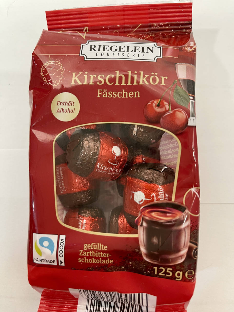 

Шоколадные бочонки с вишневым ликером Riegelein Kirschlikör Fässchen 125г Германия