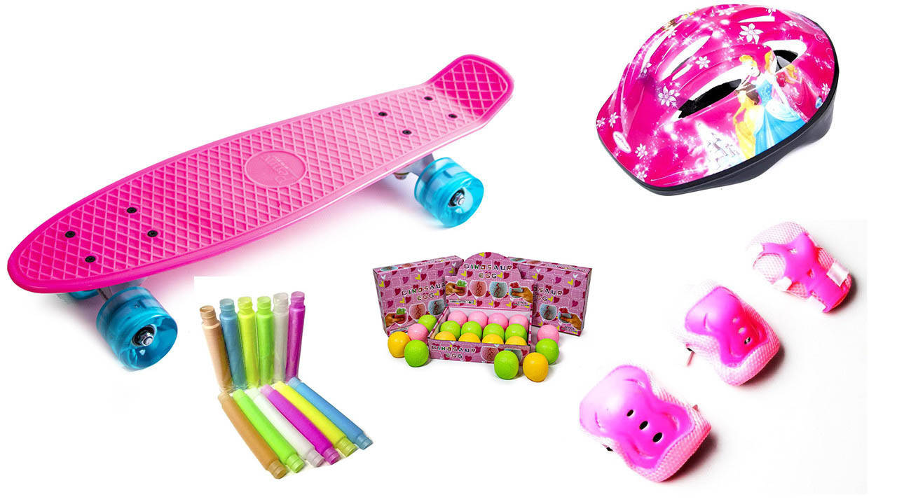 

+ Шлем + Защита + Пенни Борд Penny Board 22Д с игрушками розовый цвет Светящиеся колеса, Фиолетовый