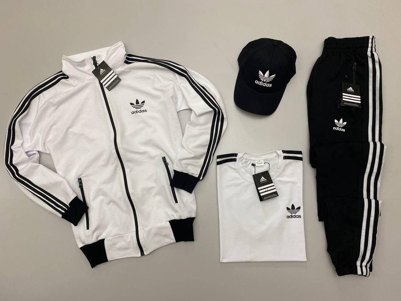 

Спортивный костюм мужской на молнии Adidas (адидас) Набор 4в1: кофта штаны футболка кепка белый