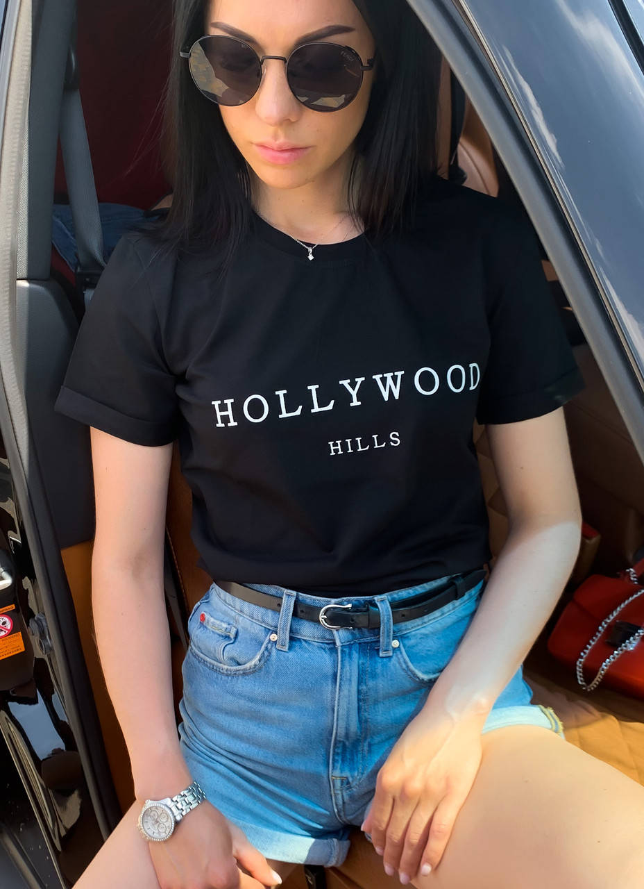 

Футболка женская, качественная, стильная, hollywood белая, беж, розовая., Черный