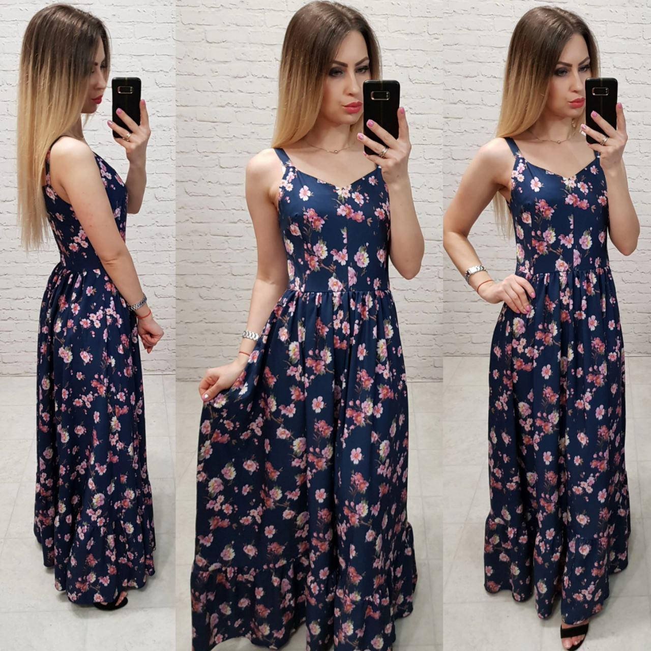 

Летнее платье, сарафан арт.162 принт розовые цветы на темно-синем фоне 46